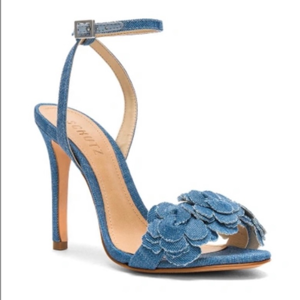 SCHUTZ Denim Blue Floral Appliqué Ankle-Strap Heel